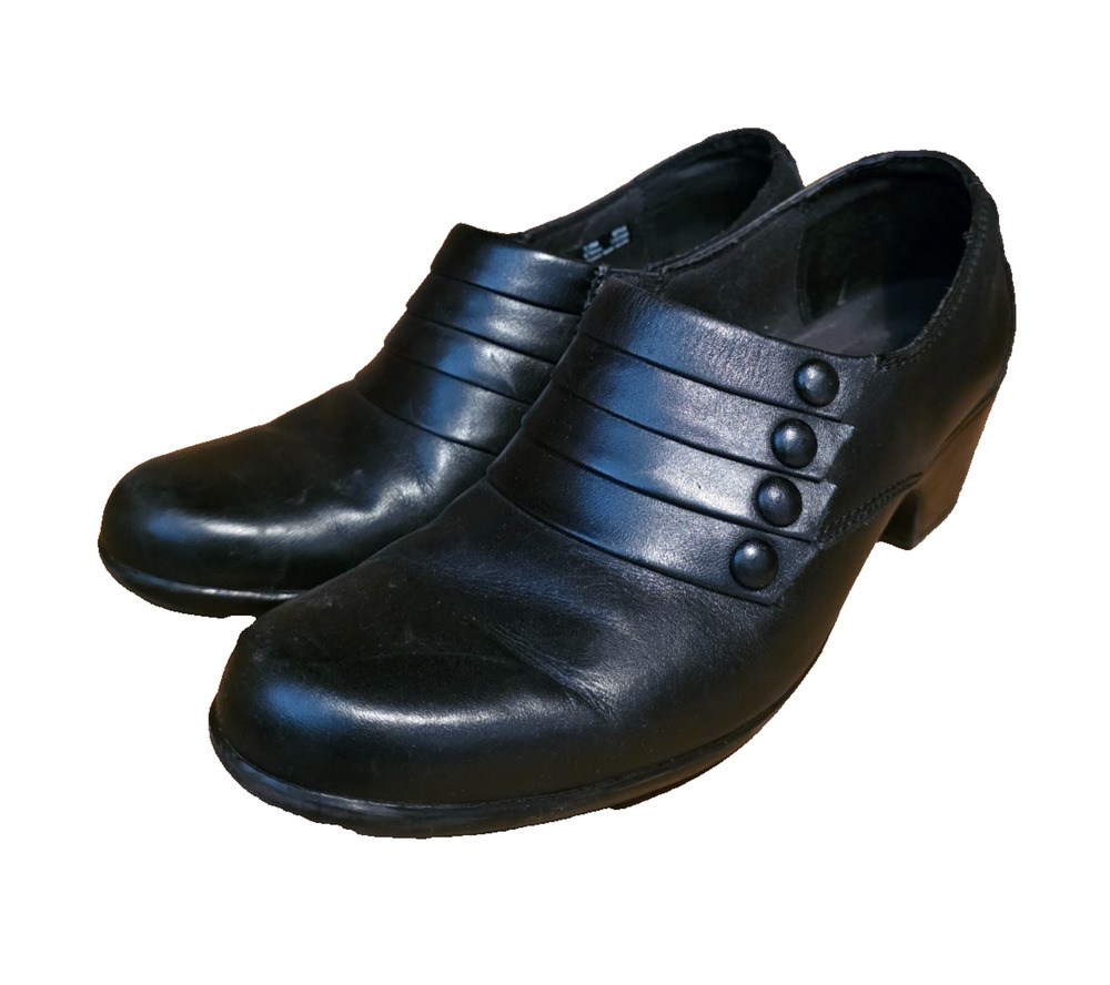 Clarks Slip On Shoes Block Heel Womens 7.5M Black Leather Comfort Career Classic